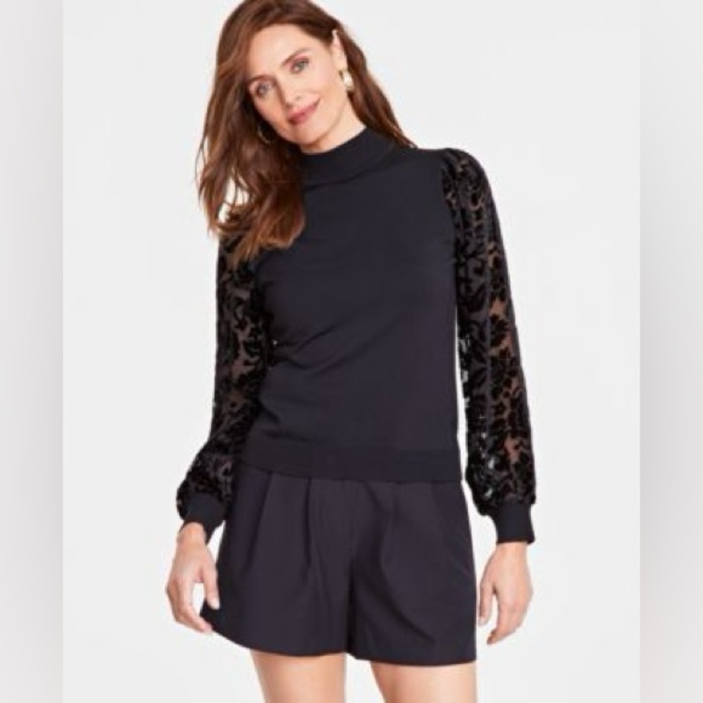 INC NWT Velvet Burnout Sleeve Black Mock Neck Top Medium